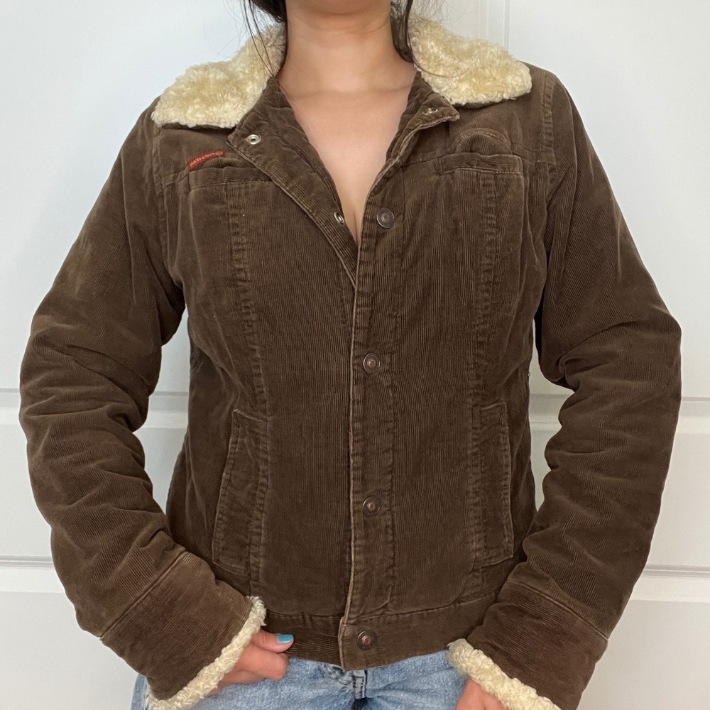Roxy Jean Corduroy Jacket Women XL Brown Faux Shearling Trim Plaid Lined Y2K